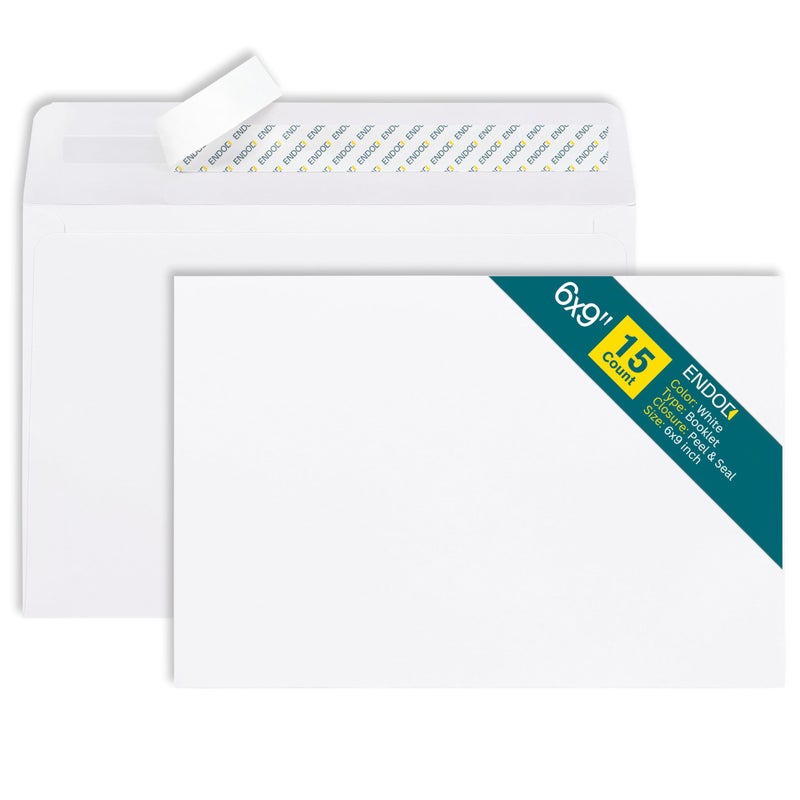 EnDoc 6x9 Open-Side Envelopes - 15 Pack - White, Self-Seal, Peel & Seal Closure - 28 lb Paper - Plain - Business & Personal Use - Image 1